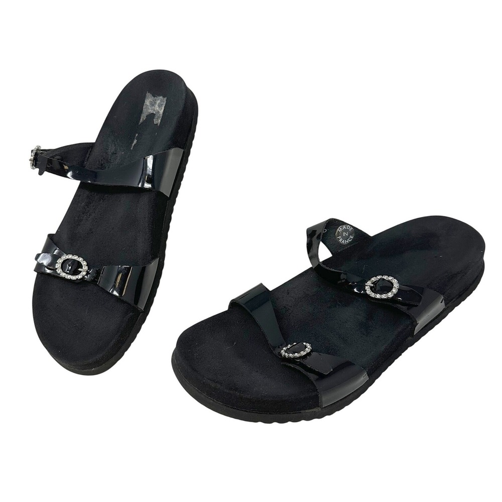 Mephisto Sydel Patent Leather Double Strap Slide All Black Rhinestone Buckles 39